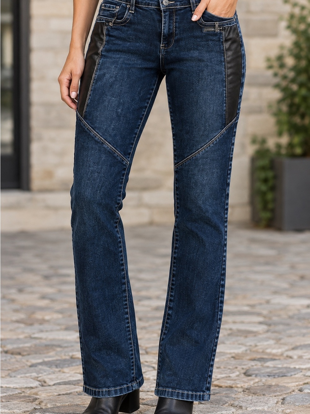 SUKO JEANS Women’s Dark Wash Asymetrical Vegan Leather Jeans Sz14 Flattering EUC